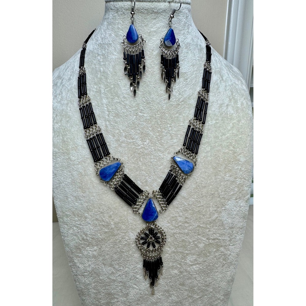 Southwestern‎ Blue Sodalite Black Beaded Dreamcatcher Necklace and Earring Set